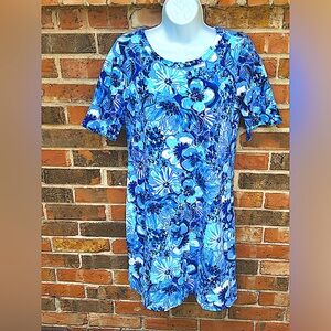 Lily Pulitzer Blue Flower Dress, Short Sleeve, Cotton, Spandex Size Medium